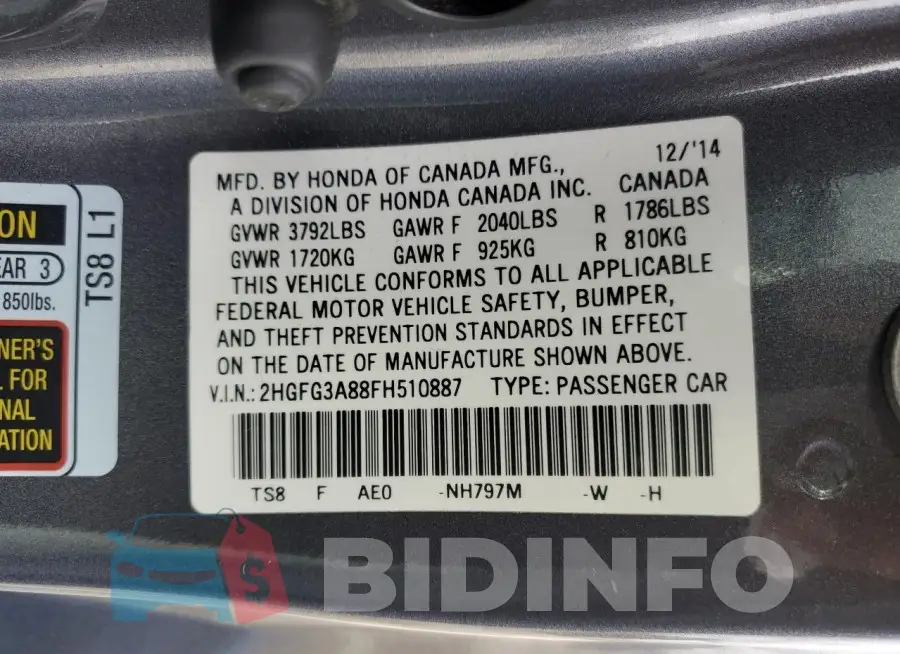 2HGFG3A88FH510887 Photo# 12