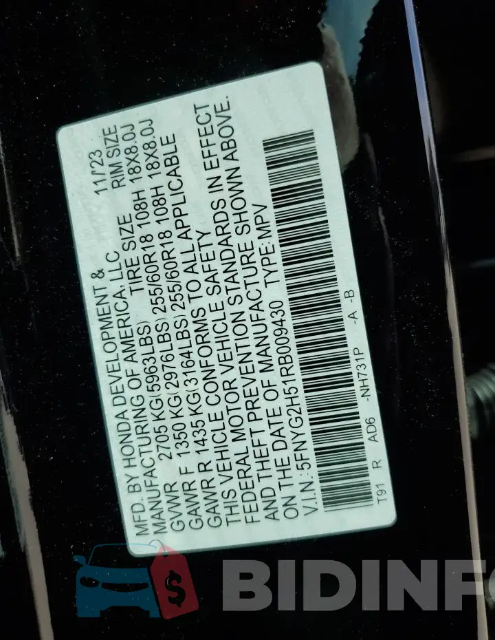 5FNYG2H51RB009430 Photo# 12