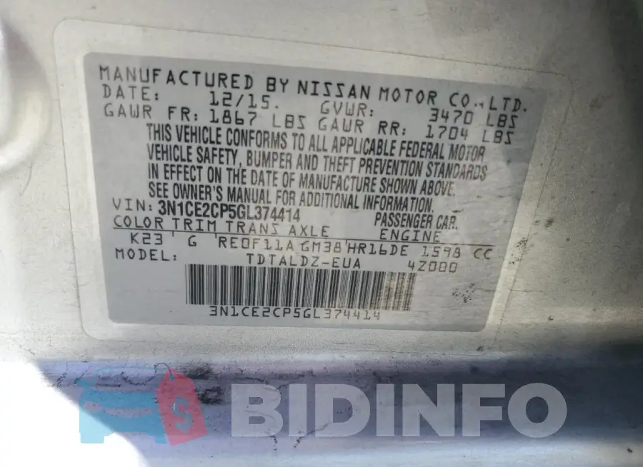 3N1CE2CP5GL374414 Photo# 13