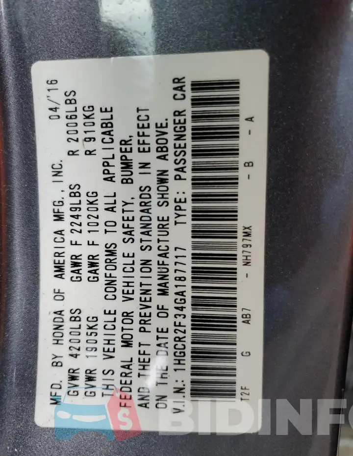 1HGCR2F34GA187717 Photo# 12