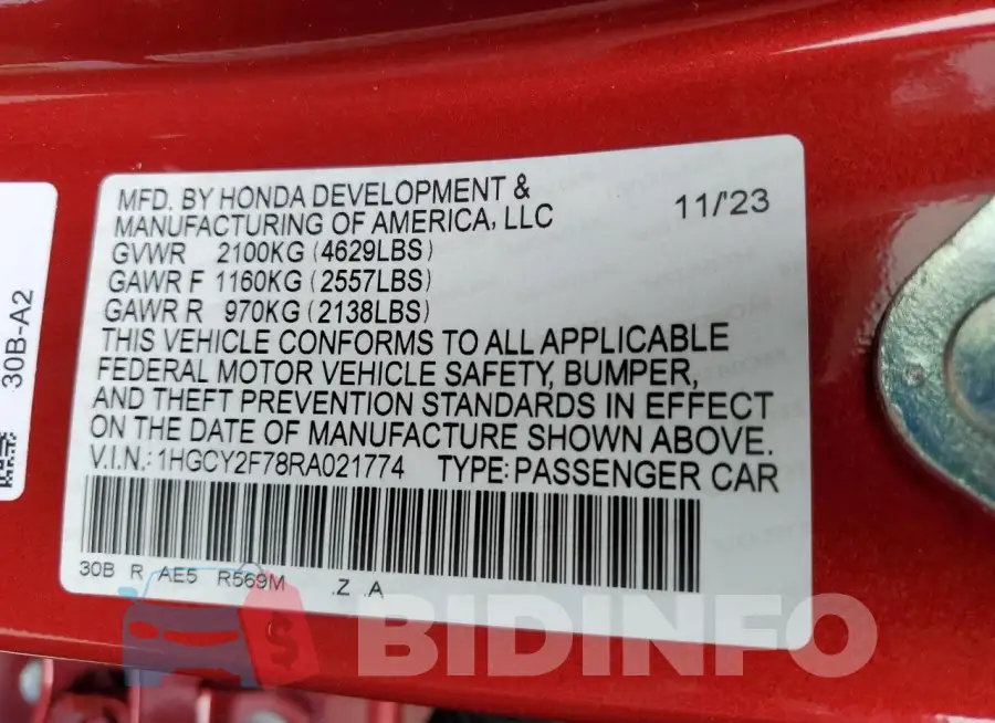 1HGCY2F78RA021774 Photo# 12