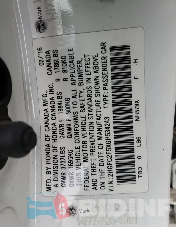 2HGFC2F5XGH534243 Photo# 12