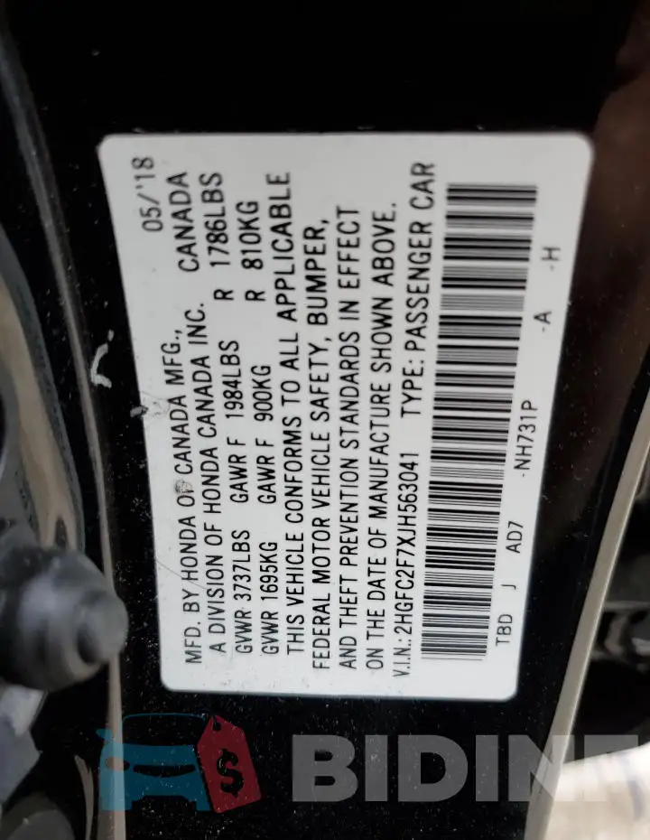 2HGFC2F7XJH563041 Photo# 12