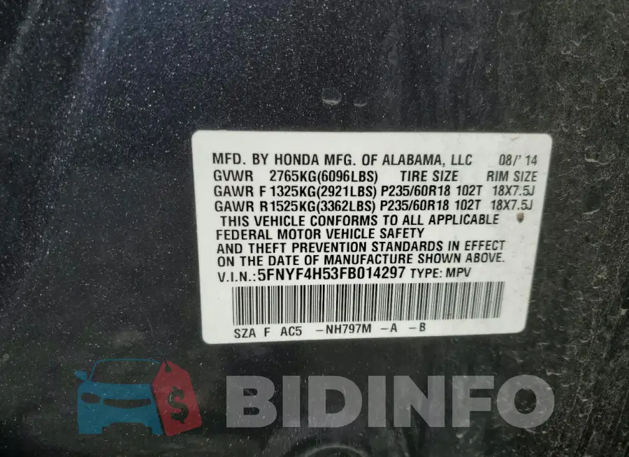 5FNYF4H53FB014297 Photo# 13