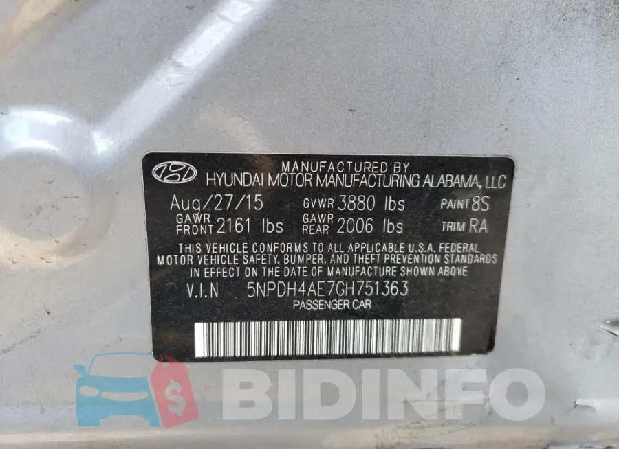 5NPDH4AE7GH751363 Photo# 12