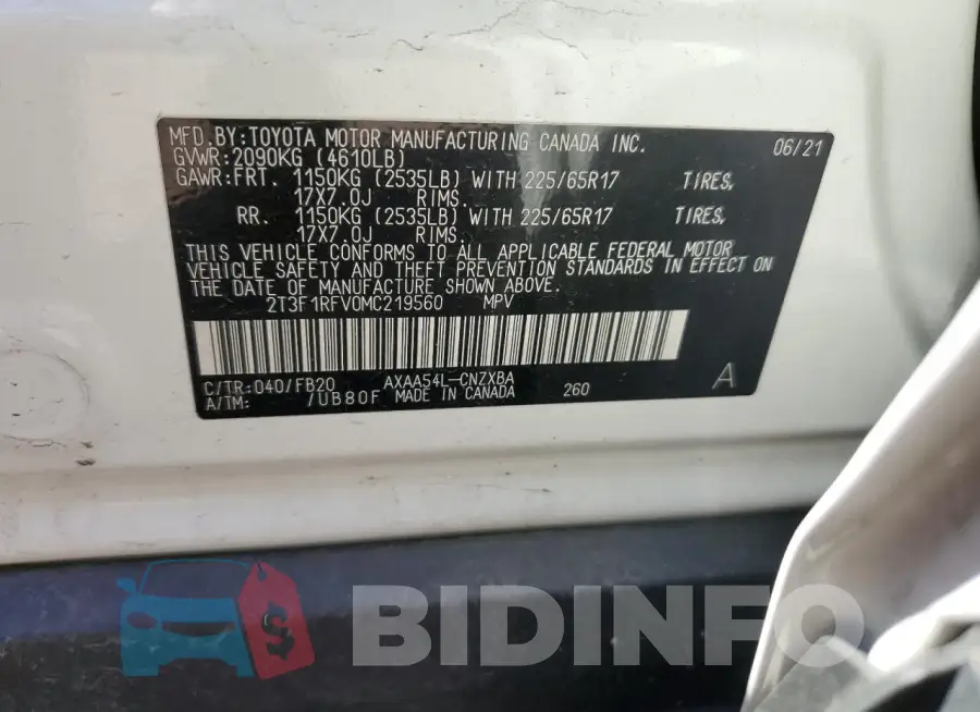 2T3F1RFV0MC219560 Photo# 14