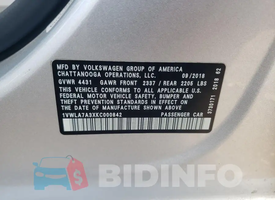 1VWLA7A3XKC000842 Photo# 12