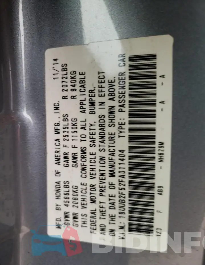 19UUB2F52FA011404 Photo# 12