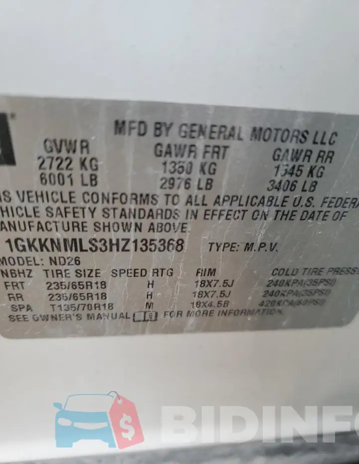 1GKKNMLS3HZ135368 Photo# 14
