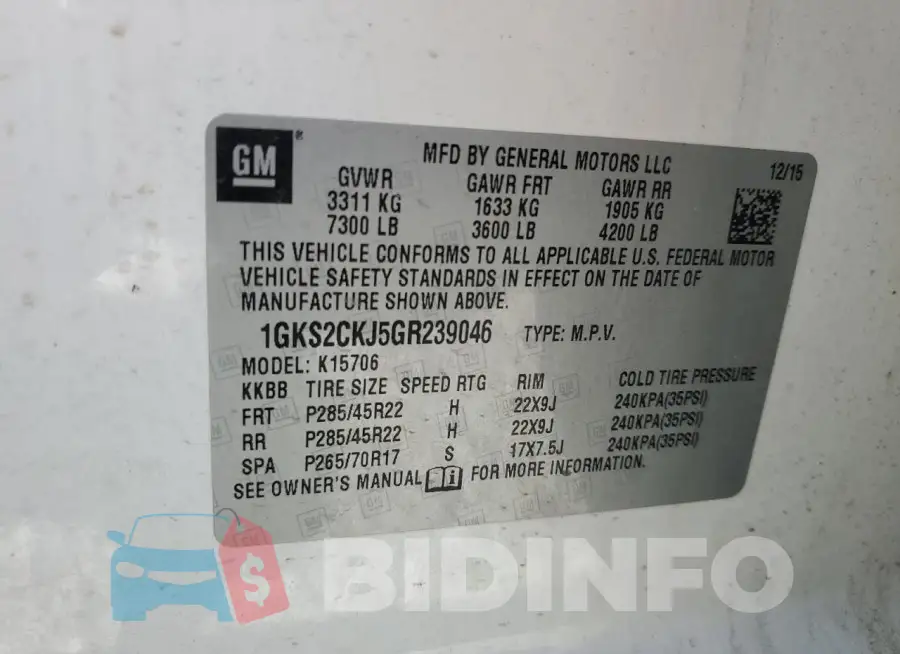 1GKS2CKJ5GR239046 Photo# 13