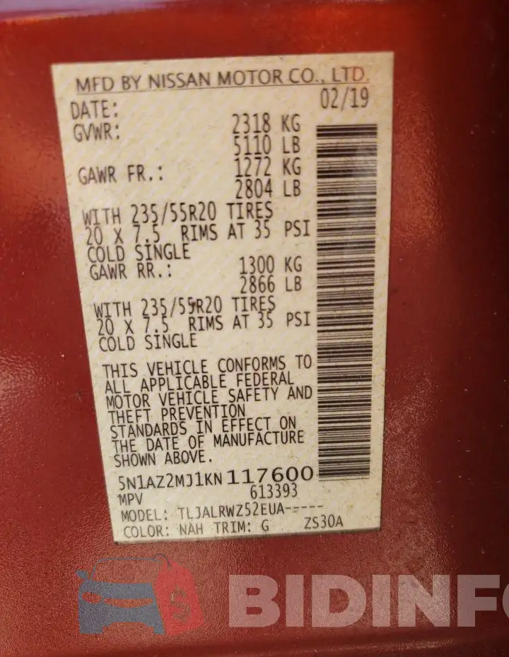 5N1AZ2MJ1KN117600 Photo# 13