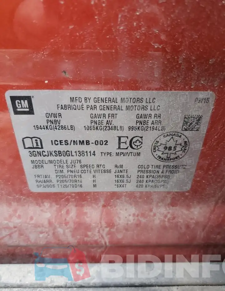 3GNCJKSB0GL138114 Photo# 13