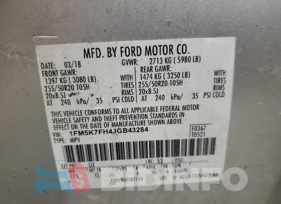 1FM5K7FH4JGB43284 Photo# 13