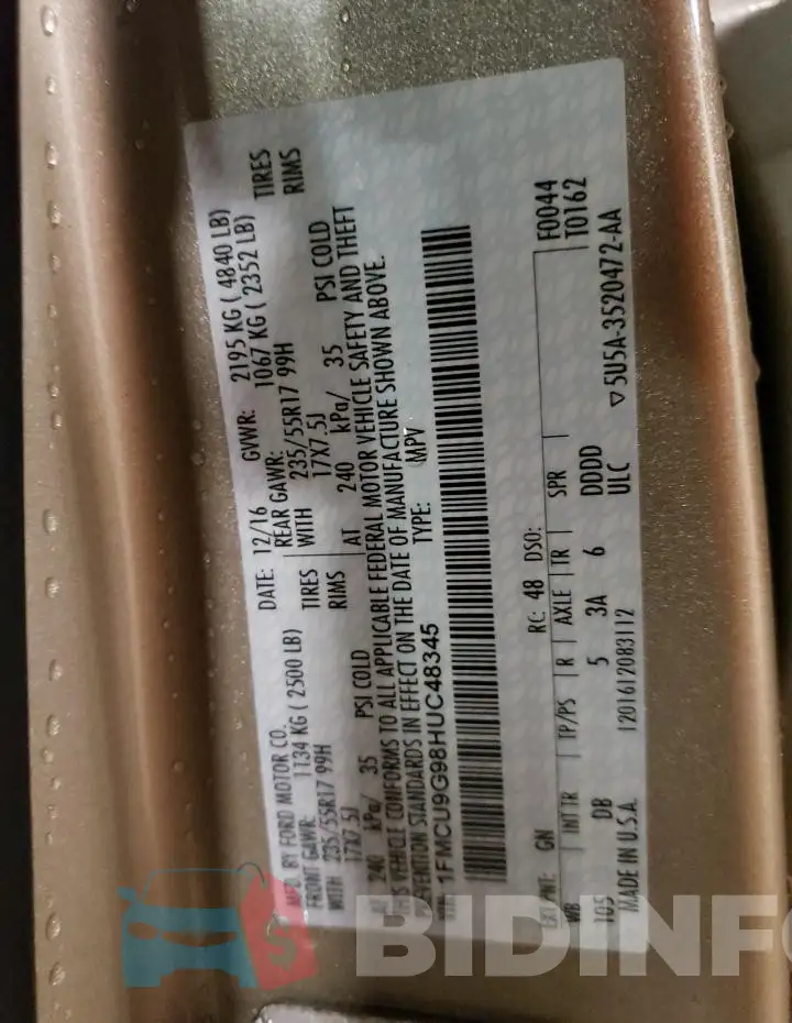 1FMCU9G98HUC48345 Photo# 13