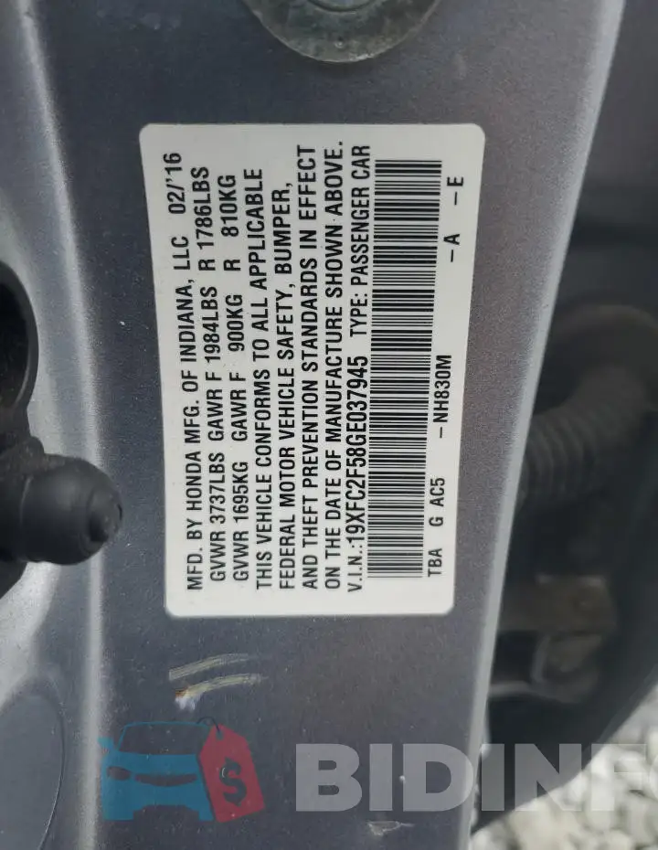 19XFC2F58GE037945 Photo# 12