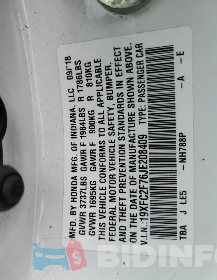 19XFC2F76JE208409 Photo# 13