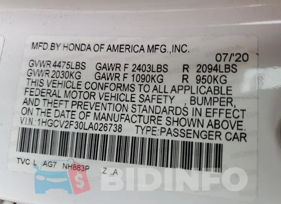 1HGCV2F30LA026738 Photo# 12