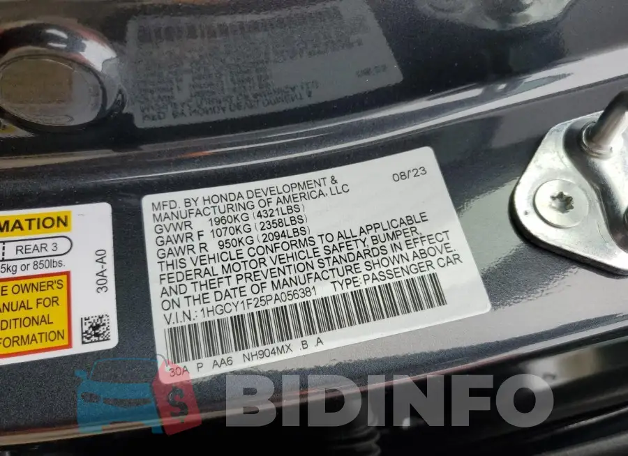 1HGCY1F25PA056381 Photo# 12