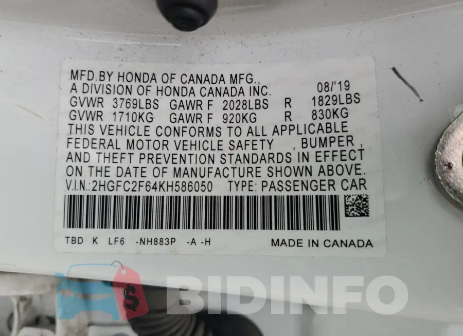 2HGFC2F64KH586050 Photo# 12