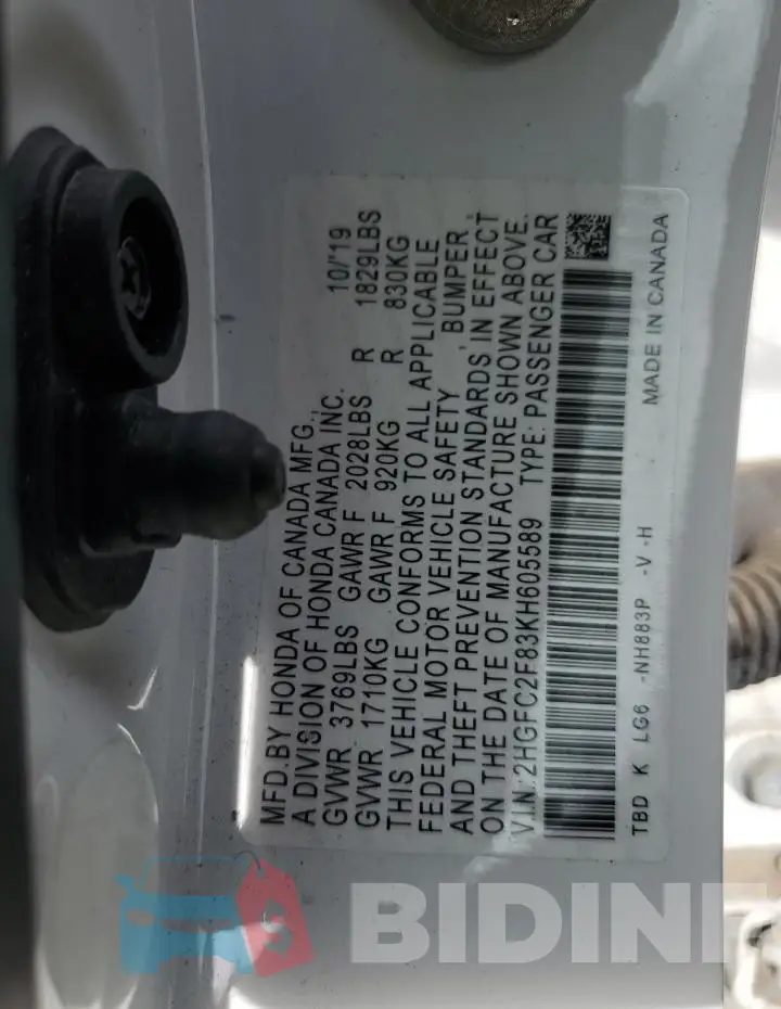 2HGFC2F83KH605589 Photo# 12