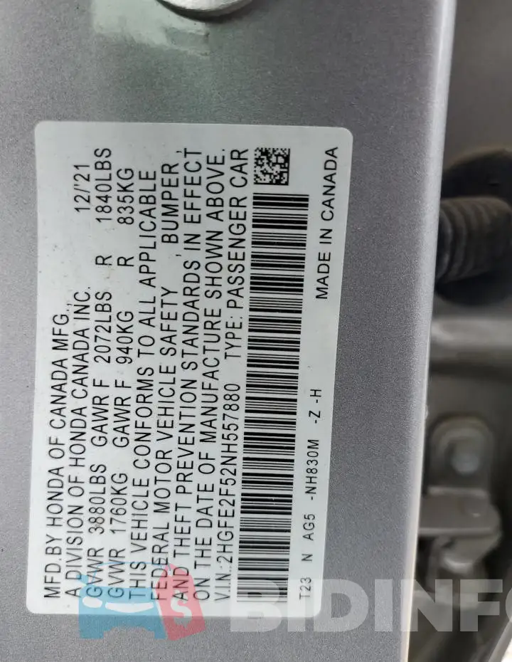 2HGFE2F52NH557880 Photo# 13
