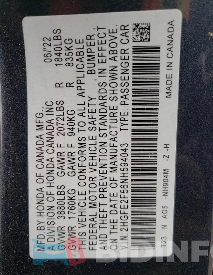 2HGFE2F56NH594043 Photo# 13