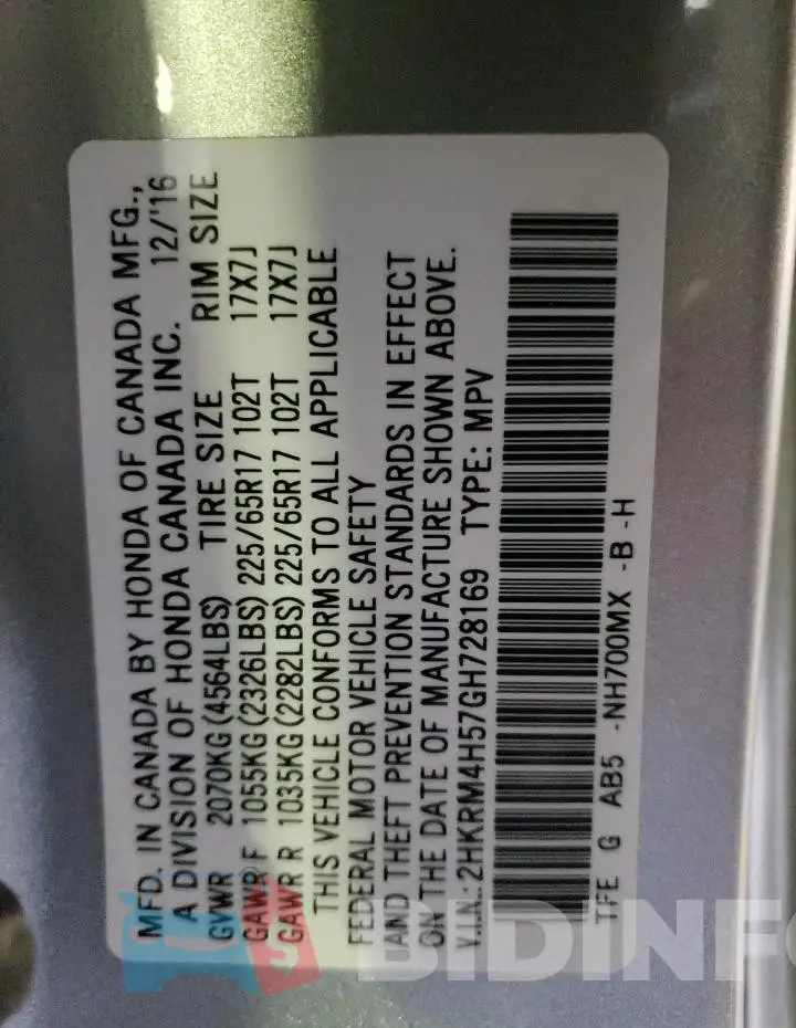 2HKRM4H57GH728169 Photo# 13