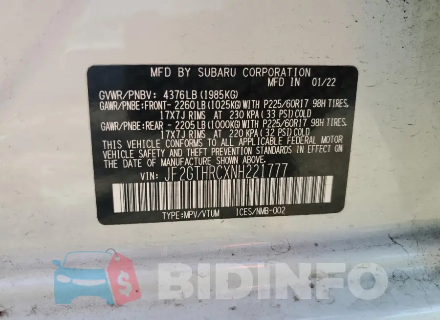 JF2GTHRCXNH221777 Photo# 13