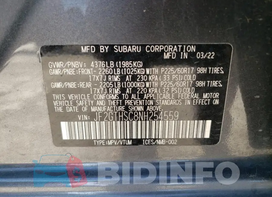 JF2GTHSC8NH254559 Photo# 12