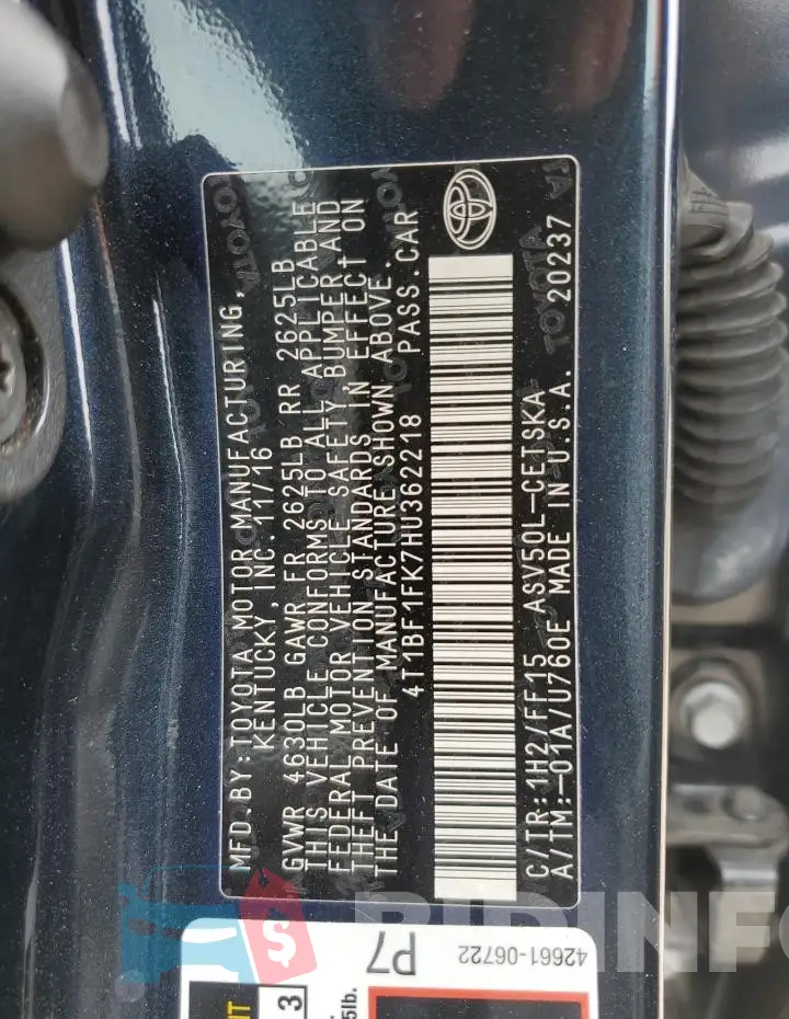 4T1BF1FK7HU362218 Photo# 12