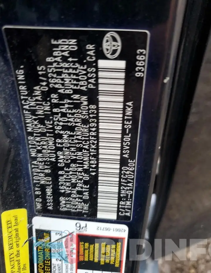 4T4BF1FK2FR493138 Photo# 12