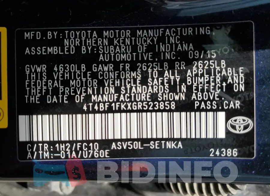 4T4BF1FKXGR523858 Photo# 12