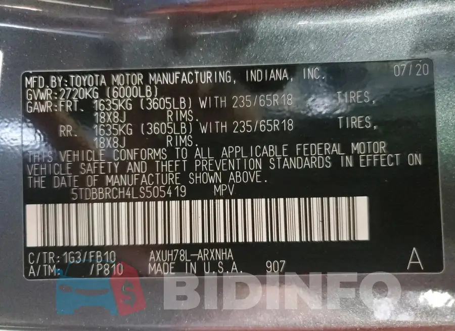 5TDBBRCH4LS505419 Photo# 13