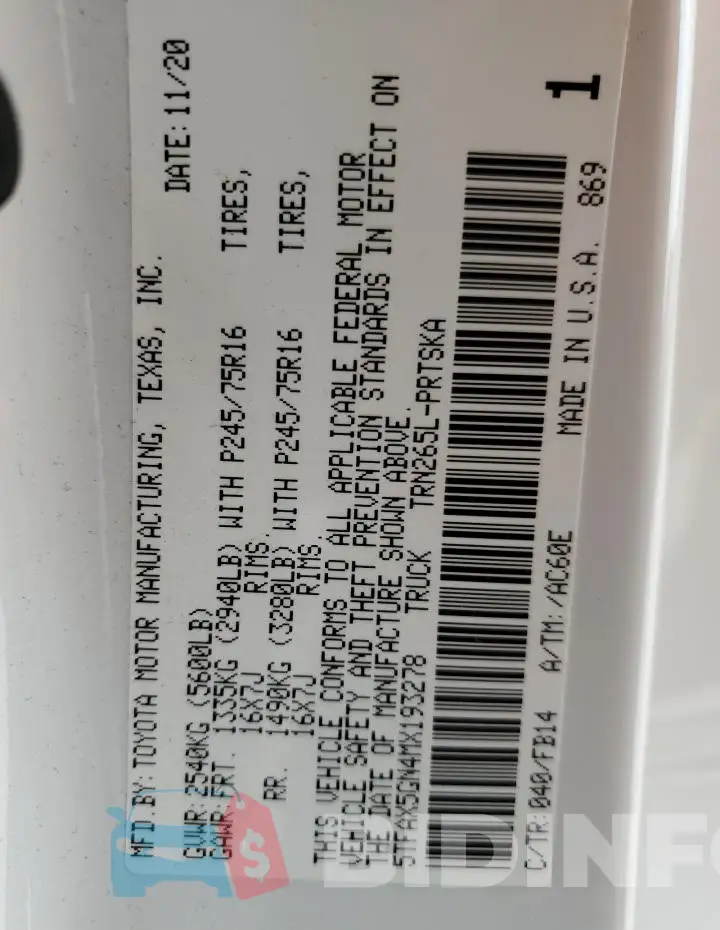 5TFAX5GN4MX193278 Photo# 13