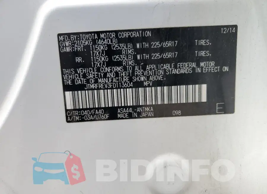JTMRFREV3FD113604 Photo# 13
