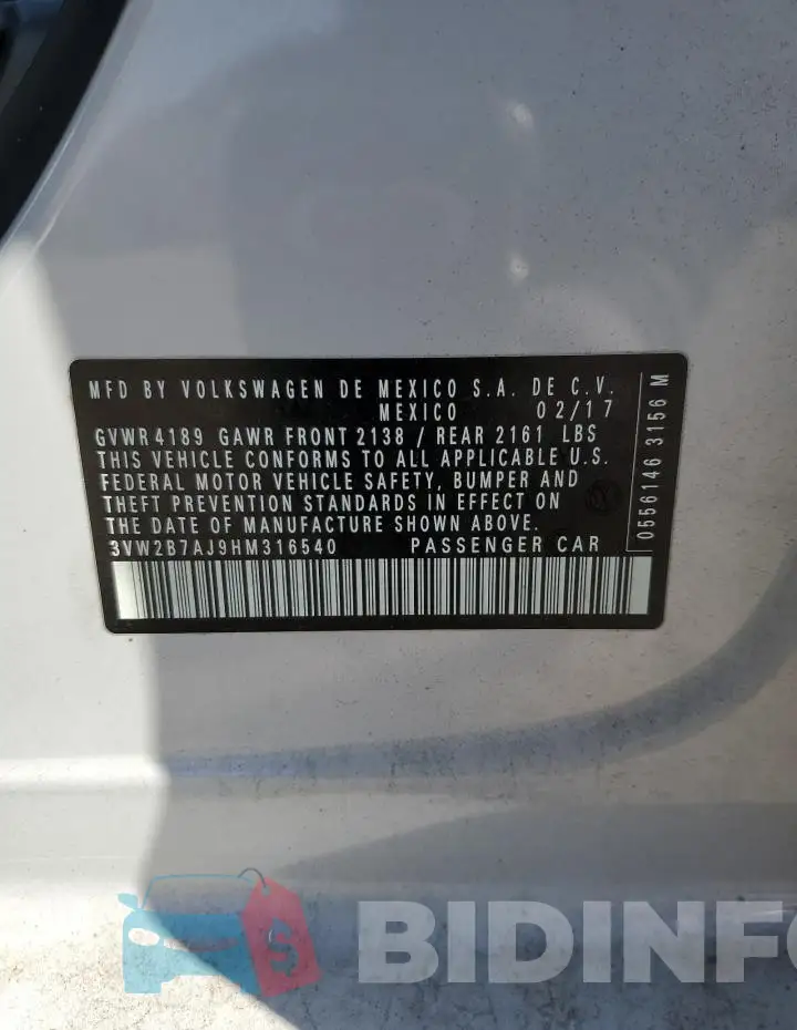 3VW2B7AJ9HM316540 Photo# 13