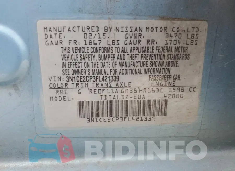 3N1CE2CP3FL421339 Photo# 12