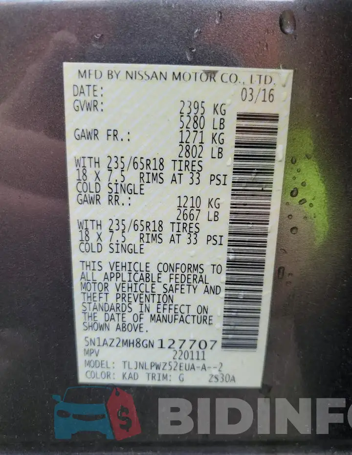 5N1AZ2MH8GN127707 Photo# 13