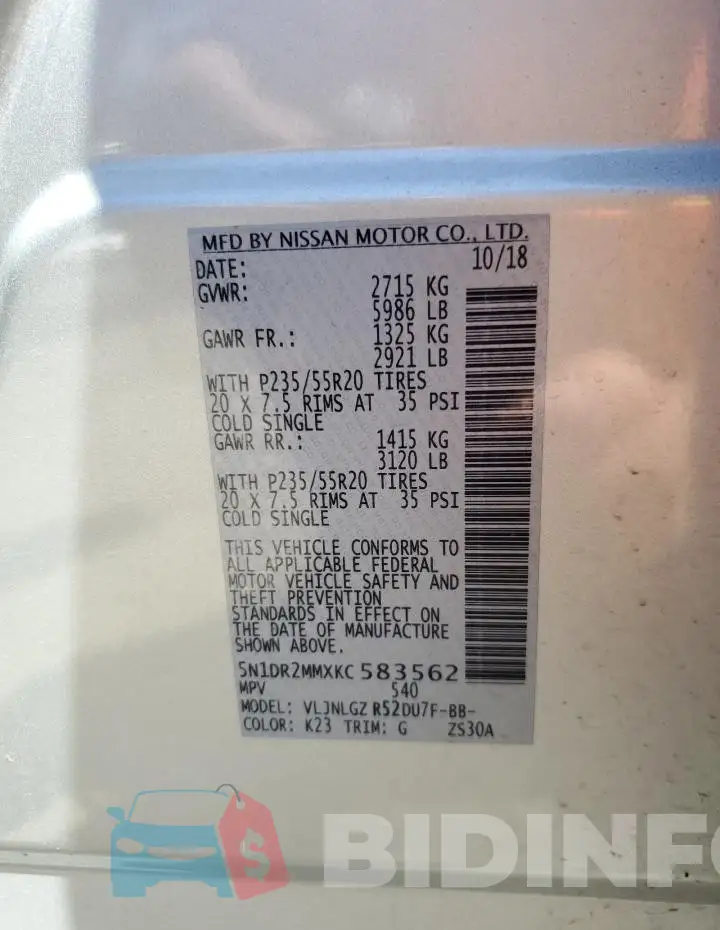 5N1DR2MMXKC583562 Photo# 12