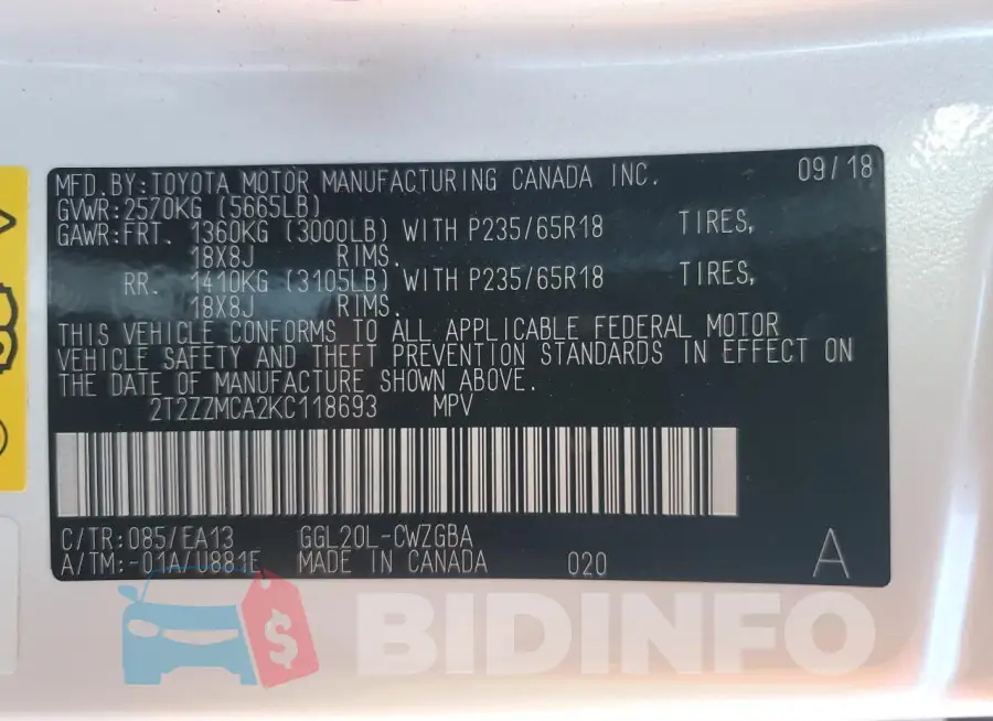 2T2ZZMCA2KC118693 Photo# 14