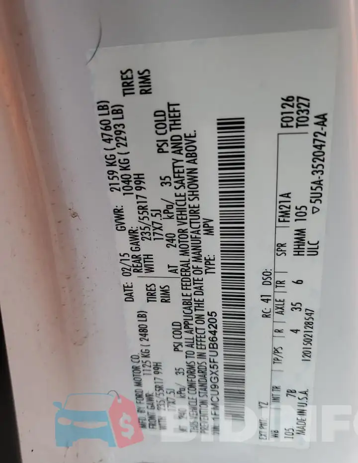 1FMCU9GX5FUB64205 Photo# 12