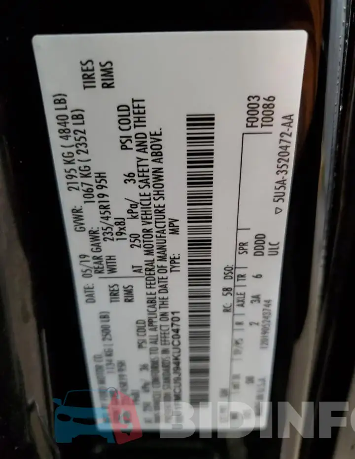 1FMCU9J94KUC04701 Photo# 12