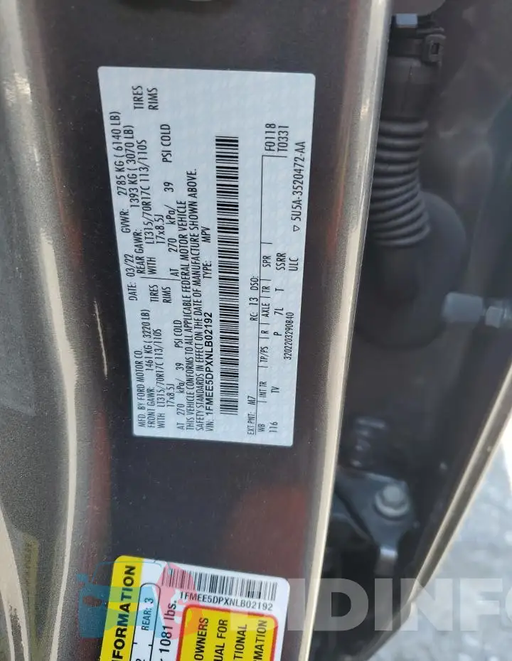 1FMEE5DPXNLB02192 Photo# 12