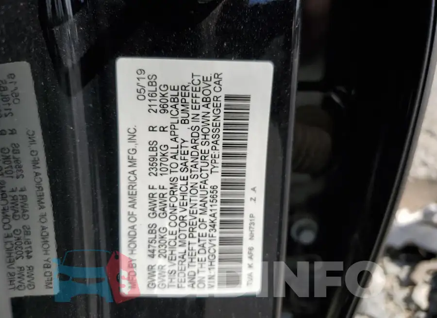 1HGCV1F34KA115656 Photo# 13