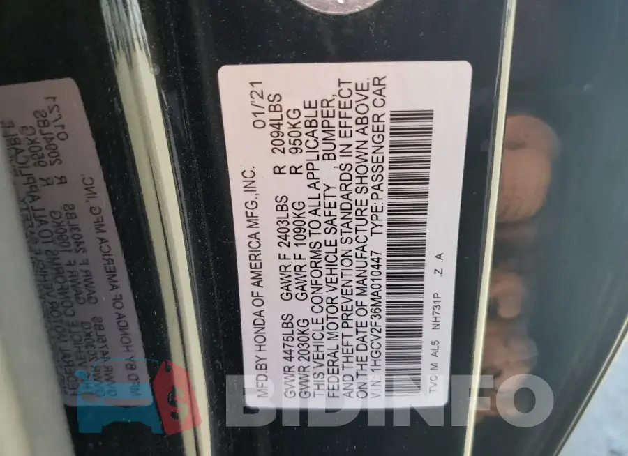 1HGCV2F36MA010447 Photo# 13