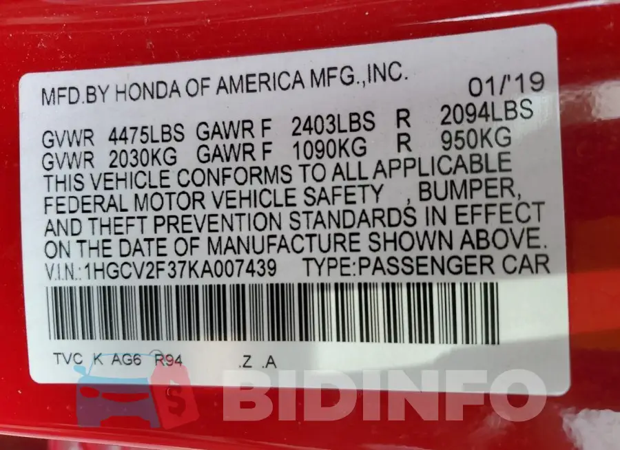 1HGCV2F37KA007439 Photo# 12