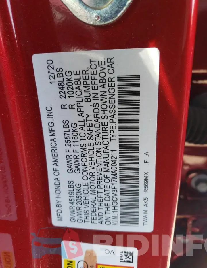 1HGCV3F17MA004211 Photo# 12