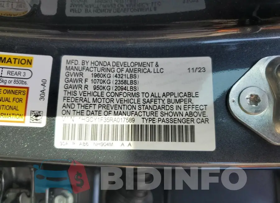 1HGCY1F35RA017589 Photo# 12