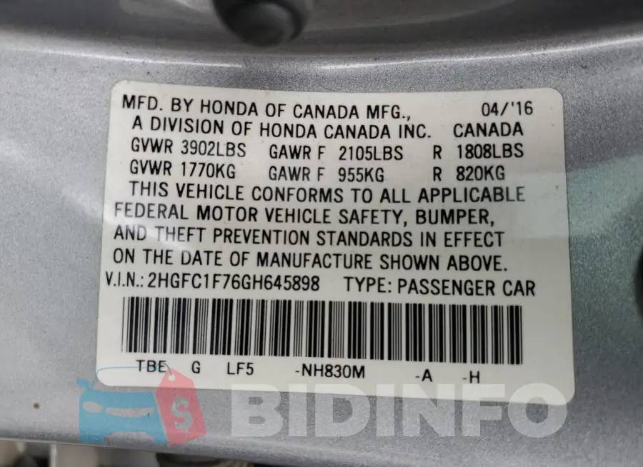 2HGFC1F76GH645898 Photo# 12