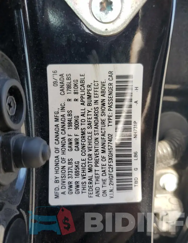 2HGFC2F5XGH577402 Photo# 12